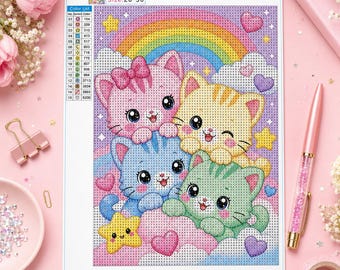 Cute Cats Diamond Painting Kit, Rainbow Rhinestone Art Craft for Kids