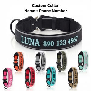 Puede incluir: Collar de perro negro personalizado con ribete reflectante, bordado con nombre y número de teléfono. Se muestran varios collares más en diferentes colores, cada uno con un nombre y número de teléfono únicos.