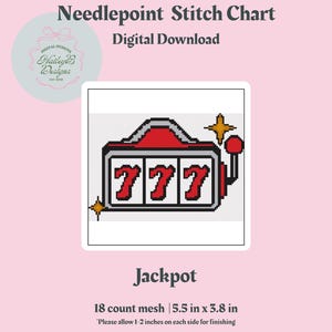 Könnte beinhalten: Digitales Kreuzstichmuster mit einem Spielautomaten-Design und dem Wort „Jackpot“. Das Muster misst 14 cm x 9,7 cm. Der Hintergrund ist rosa mit einem sich wiederholenden Muster aus rosa Kreisen. Enthält den Text „Digitaler Download“.