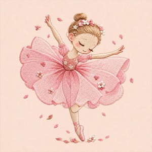 Op de afbeelding: Een geborduurde illustratie van een danser met lichtbruin haar in een knot, gekleed in een roze jurk met bloemaccenten. De danser staat in een pose met uitgestrekte armen, omringd door kleine roze bloemblaadjes op een lichtroze achtergrond.