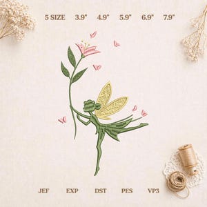 Flower Fairy Embroidery Design, Blossom Pixie File, Garden Fantasy Pattern, Pink Lily Decor Embroidery, Magical Nature