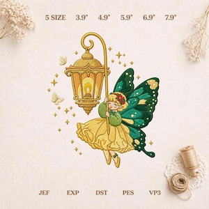 Lantern Fairy Embroidery Design, Green Wing Pixie File, Enchanted Forest Character Pattern