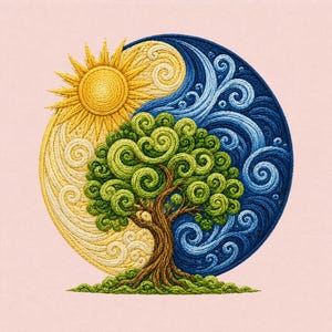 May include: A circular embroidery piece featuring a central tree with a brown trunk and green swirled foliage. The background is divided into a yellow sun-filled side with rays and a deep blue side with swirling wind patterns, creating a yin-yang effect.