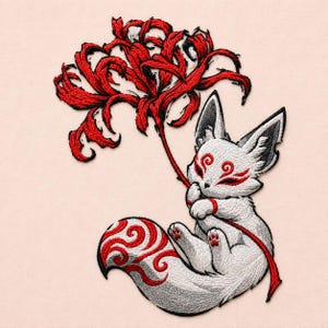 May include: An embroidered patch featuring a white fox with red facial markings and a red swirl pattern on its tail. The fox is holding a large, vibrant red spider lily flower by its stem. The design uses black, white, and red embroidery thread.