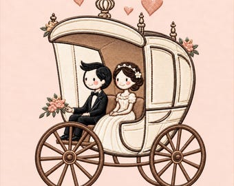 May include: An embroidery design featuring a bride and groom sitting inside a cream-colored carriage with brown wheels. The groom wears a black tuxedo and holds a bouquet of pink flowers. The bride wears a white dress. Three pink hearts float above.