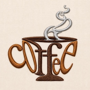 Broderidesign för kaffekopp, kaffetypografi, ångande mugg, dekoration för cafékök, digital nedladdning