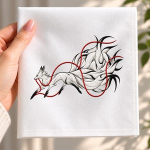 Fox Embroidery Design, Running White Kitsune with Red Thread Machine Embroidery File, Japanese Spirit