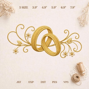 May include: An embroidery design featuring two interlocking gold rings surrounded by swirling vines, leaves, and small flowers. Text at the top indicates 5 SIZE 3.9" 4.9" 5.9" 6.9" 7.9". Text at the bottom lists file formats JEF, EXP, DST, PES, VP3.