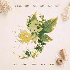 葉っぱの妖精の刺繍デザイン、自然の精霊ファイル、植物ファンタジーパターン、即時ダウンロード