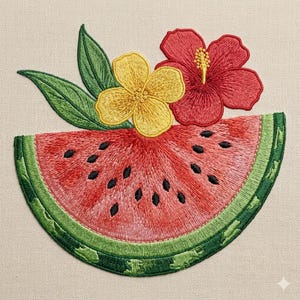 May include: Embroidered patch featuring a watermelon slice with black seeds, a red hibiscus flower, a yellow flower, and green leaves. The patch has a tropical theme and is suitable for clothing or accessories.