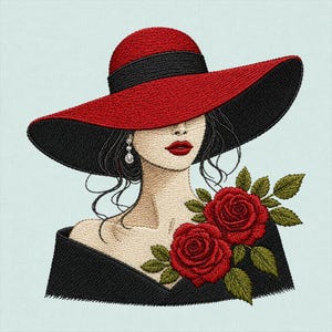Pode incluir: Um design de bordado apresentando uma pessoa usando um chapéu vermelho de aba larga com uma faixa preta e um top preto. A pessoa tem cabelo escuro, lábios vermelhos e um brinco de pérola. Duas rosas vermelhas com folhas verdes no ombro.