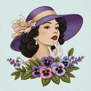 Pode incluir: Um retrato bordado de uma pessoa com cabelo escuro ondulado usando um chapéu roxo de aba larga com uma faixa bege e um detalhe floral. A pessoa usa luvas brancas, um colar de pérolas e brincos, cercada por amores-perfeitos roxos e rosas.