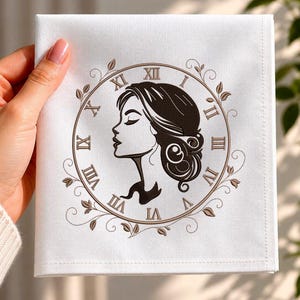 Woman Silhouette Embroidery Design, Vintage Clock Machine Embroidery File, Roman Numeral, Instant Download