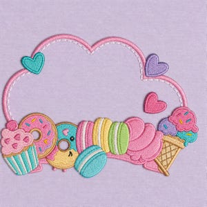 May include: An embroidered patch featuring a light pink cloud-shaped frame with hearts, surrounding a collection of sweets including a cupcake, a donut, macarons, and an ice cream cone, all rendered in pastel colors on a light purple fabric.