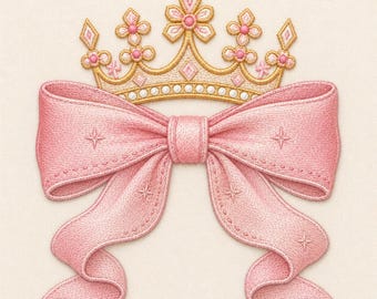 Princess Crown Bow Embroidery Design, Pink Royal Ribbon (Digital Download)