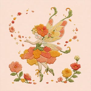 May include: An embroidery design featuring a fairy with orange and yellow flower petal clothing and wings. The fairy is surrounded by floating petals and small stars, with two flower stems at the bottom on a light peach background.