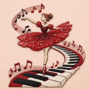 Op de afbeelding: Een borduurontwerp met een ballerina in een rode jurk die danst op een gebogen pianotoetsenbord. De scène bevat wervelende notenbalken en zwarte muzieknoten rondom de figuur, met witte accenten op de jurk en rode balletschoenen.