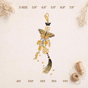 Diseño de bordado de mariposa, archivo de bordado de adorno floral con borla, motivo colgante de primavera, descarga instantánea.