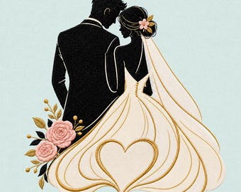 May include: An embroidery design featuring a silhouette of a couple in a black suit and a white wedding gown with a long veil. The gown features a heart-shaped outline and a row of buttons. Pink roses and gold leaves accent the lower left side.