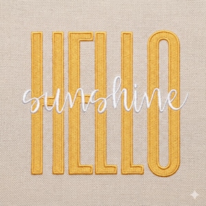 Diseño de bordado "Hola Sol", cita veraniega, camiseta con texto minimalista, ambiente vacacional, 5 tamaños, descarga instantánea.