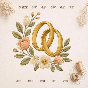 Diseño de bordado de anillos de boda, archivo de bordado a máquina de bandas florales