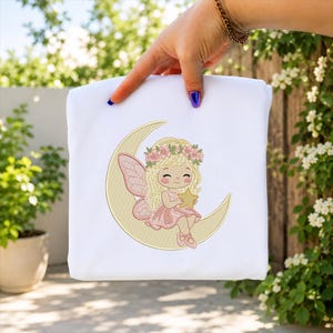 Moon Fairy Embroidery Design, Sleeping Pixie Embroidery File, Crescent Star Motif, Instant Download
