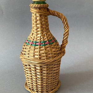 Vintage Colorful Wicker Bottle with Handle, Glass Bottle in Multicolor Plastic Wicker 1960