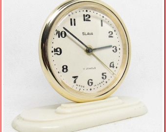 Vintage Soviet Alarm Clock Slava 11 Jewels, Small Alarm Clock Mechanical Made in USSR, Table Clock Double Bell 1970s