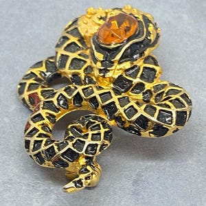 May include: A gold-toned snake brooch with black enamel detailing and a large amber-colored stone eye. The snake's body is coiled, and the design features a scale pattern.