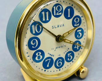 Vintage 1980 Slava Alarm Clock from USSR | 2nd Moscow Watch Factory | 11-Jewel Caliber 5671 | Blue Case with Ivory Legs
