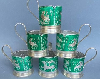 Set of 6 Vintage Soviet Tea Glass Holders (Podstakanniks) - USSR 1970, Green Enamel with Mythical Designs