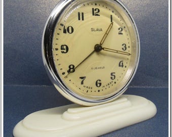 Vintage Soviet Alarm Clock Slava 11 Jewels, Small Alarm Clock Mechanical Made in USSR, Table Clock Double Bell 1970s