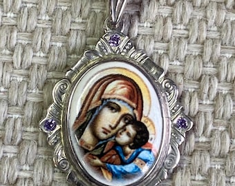 Sterling Silver 950 Virgin Mary & Child Icon Pendant – Religious Enamel Medallion