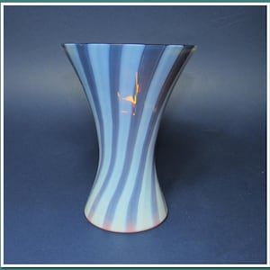 Vintage Glass Vase for Flowers, Small Boho Vase Art Deco Style, Retro Glass Vase with Subtle White and amber Curved Striped