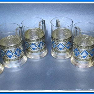Blue Enamel Russian Podstakannik Tea Glass Cup Holders Set 6 USSR 1960 Vintage~Tea Glass- 6 pieces+ 6 Cups