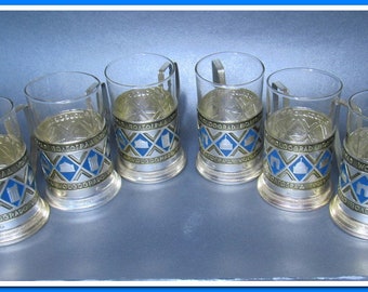 Blue Émail Russe Podstakannik Tea Glass Cup Holders Set 6 URSS 1960 vintage~Tea Glass- 6 pièces+ 6 Tasses