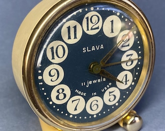 Vintage Soviet Mechanical Alarm Clock "SLAVA" 1970s USSR Export Model Dark Blue Dial 11 Jewels Retro Mid-Century Modern Decor