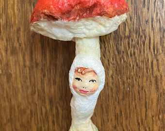 Vintage Christmas Cotton Mushroom Ornament with Hand-Painted Face, USSR Retro Figurine, Fairy Tale Woodland Decor, 5 inches