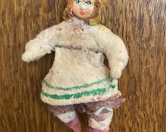 Antique Soviet Spun Cotton Christmas Ornament, Vintage USSR Spun Cotton Girl Doll, Rare Mid Century Russian Christmas Tree Decoration 12.5cm