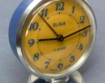 Vintage SLAVA USSR Mechanical Alarm Clock 11 Jewels Cal. 5671 Blue Metal Case Retro Desk Clock Made in Soviet Union 1980s