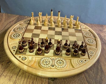 Handmade Wooden Chess Set | Round Folding Board | Carpathian Hutsul Folk Art | Beech & Linden | Unique Gift