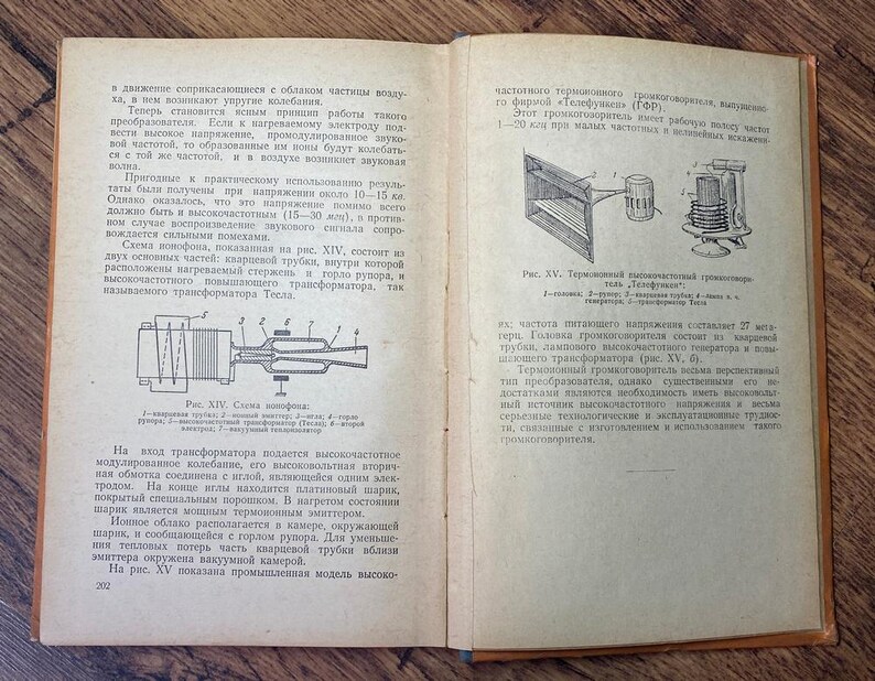 May include: Open book with aged pages, featuring technical diagrams and Russian text. The diagrams depict electronic components and circuits. The book is open to pages 202 and 203, with a wooden surface background.