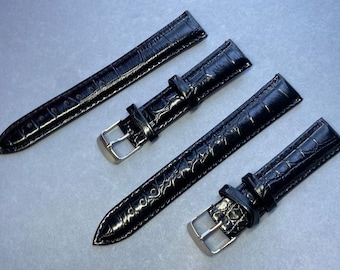 Set of 2 Glossy Croco Leather Watch Straps 18mm – Black Patent Finish with steel Buckle