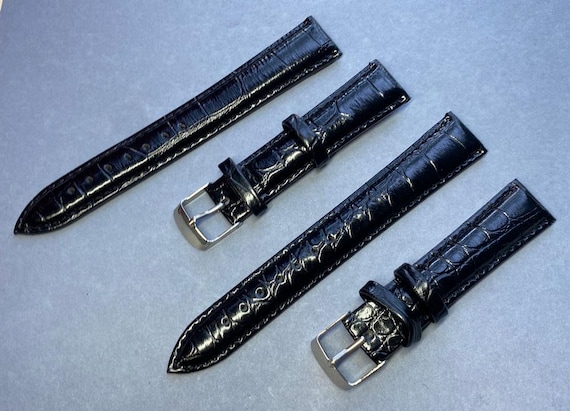 Set of 2 Glossy Croco Leather Watch Straps 18mm – Black Patent Finish with steel Buckle