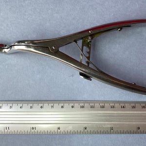 K&ouml;nnte beinhalten: Silberfarbenes chirurgisches Instrument mit rotspitziger Backe, neben einem Lineal. Das Lineal misst bis zu 20 Zoll, was etwa 50 cm entspricht. Das Instrument ist eine Art Klemme oder Pinzette, die auf einer hellblauen Oberfl&auml;che liegt.