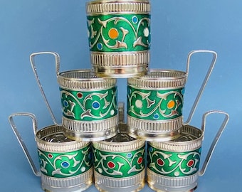 Set of 6 Vintage Soviet Tea Glass Holders (Podstakanniks) - USSR 1970, Green Enamel with Mythical Designs