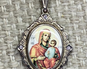 Sterling Silver 950 Virgin Mary & Child Icon Pendant – Religious Enamel Medallion