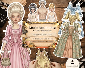 Puede incluir: Un conjunto de muñecas de papel digitales con el tema de María Antonieta y piezas de vestuario clásicas. El conjunto incluye muñecas de papel, vestidos y accesorios. El texto de la imagen dice "Marie Antoinette Classic Wardrobe" y "Design Your Dream Outfits".