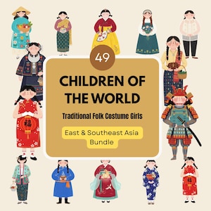 East & Southeast Asia Traditional Costumes Clipart, 45+ Elements, Hanbok Kimono Qipao Ao Dai, Lunar New Year Art, AAPI Heritage Month