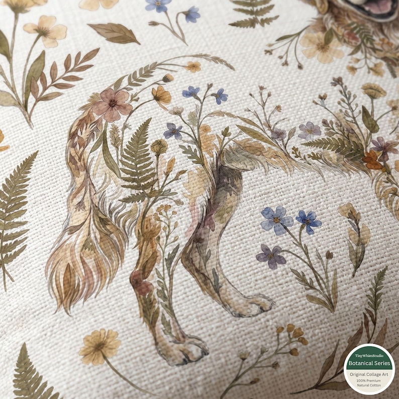 May include: Watercolor illustration of a dog, its form composed of flowers and foliage. The artwork features a palette of soft browns, greens, and blues against a neutral background. The image is part of the Tiny Whimsicals Botanical Series.
